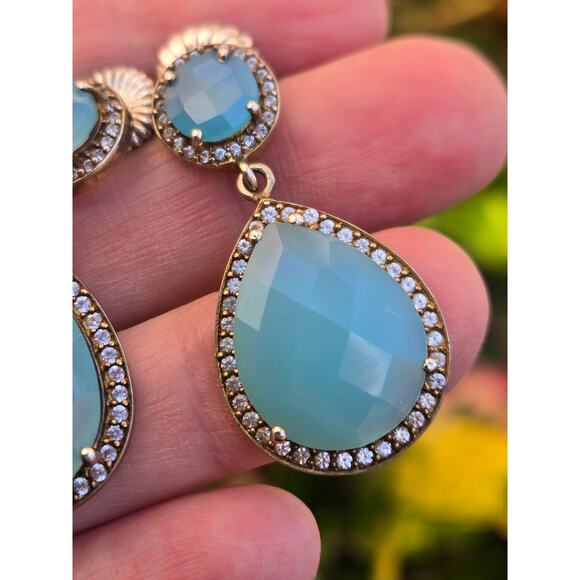 Vintage Pear Blue Chalcedony Fancy Cut, CZ in Sterling, Gold Plated Earrings - Picture 7 of 10